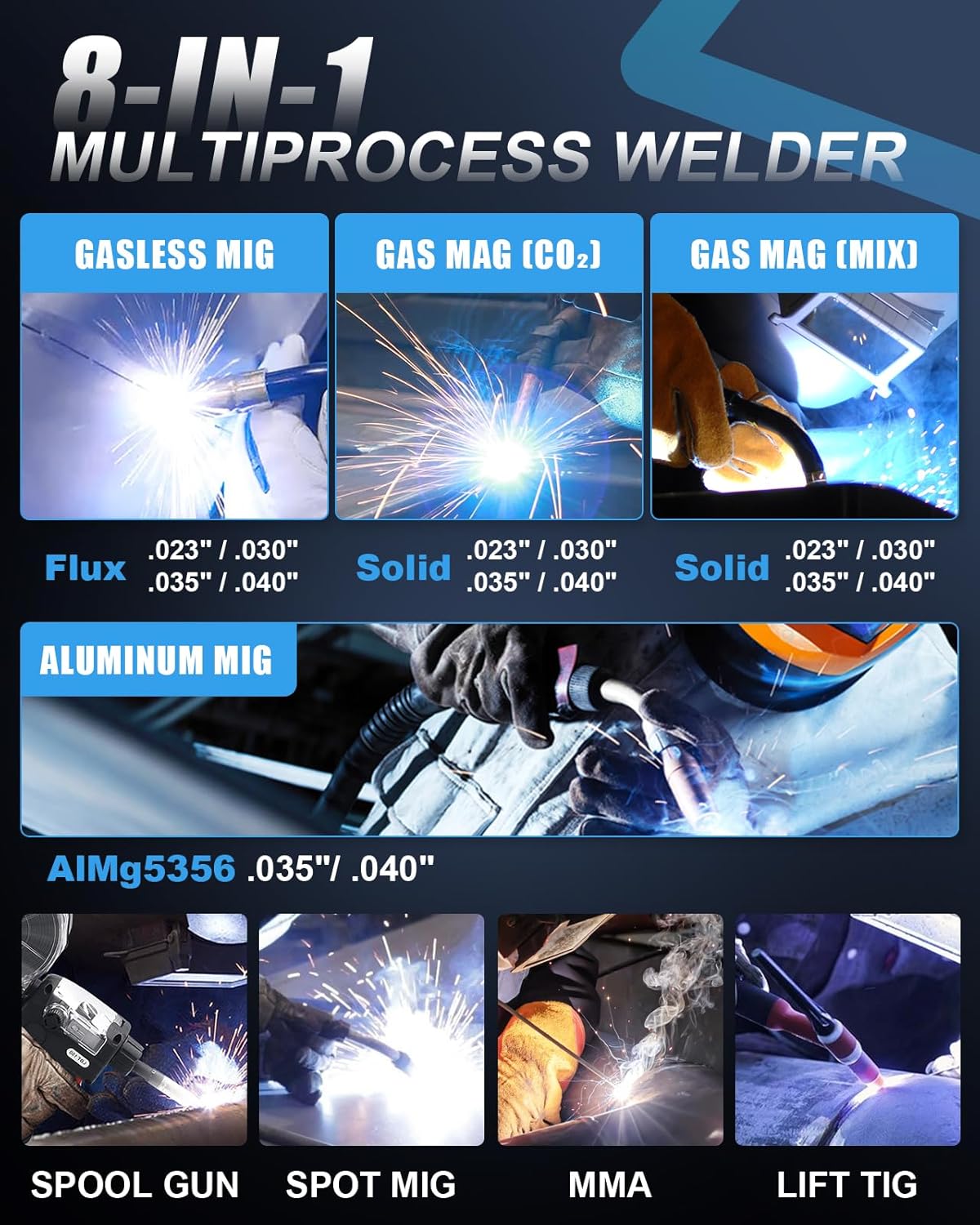 Azzuno 200A 110V/220V 8 in 1 MIG Multiprocess Welder