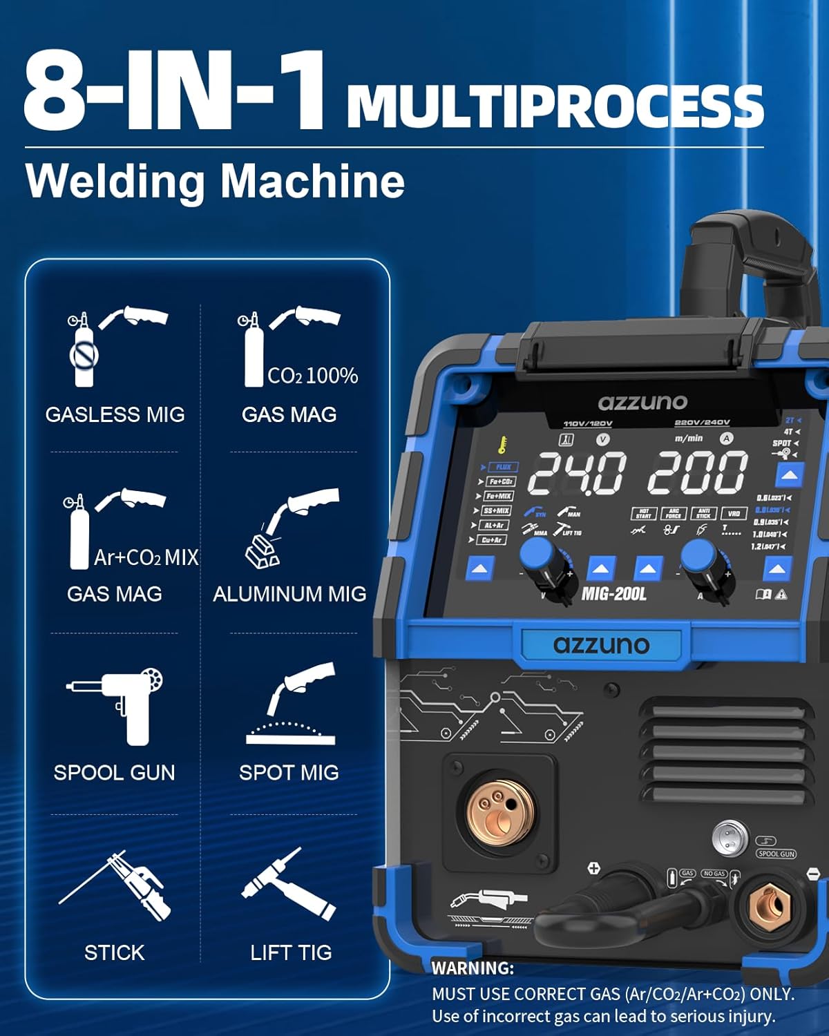 AzzunoMIG-200L 200A 110V 220V 8in1 Multiprocess MIG Welding Machine pic6