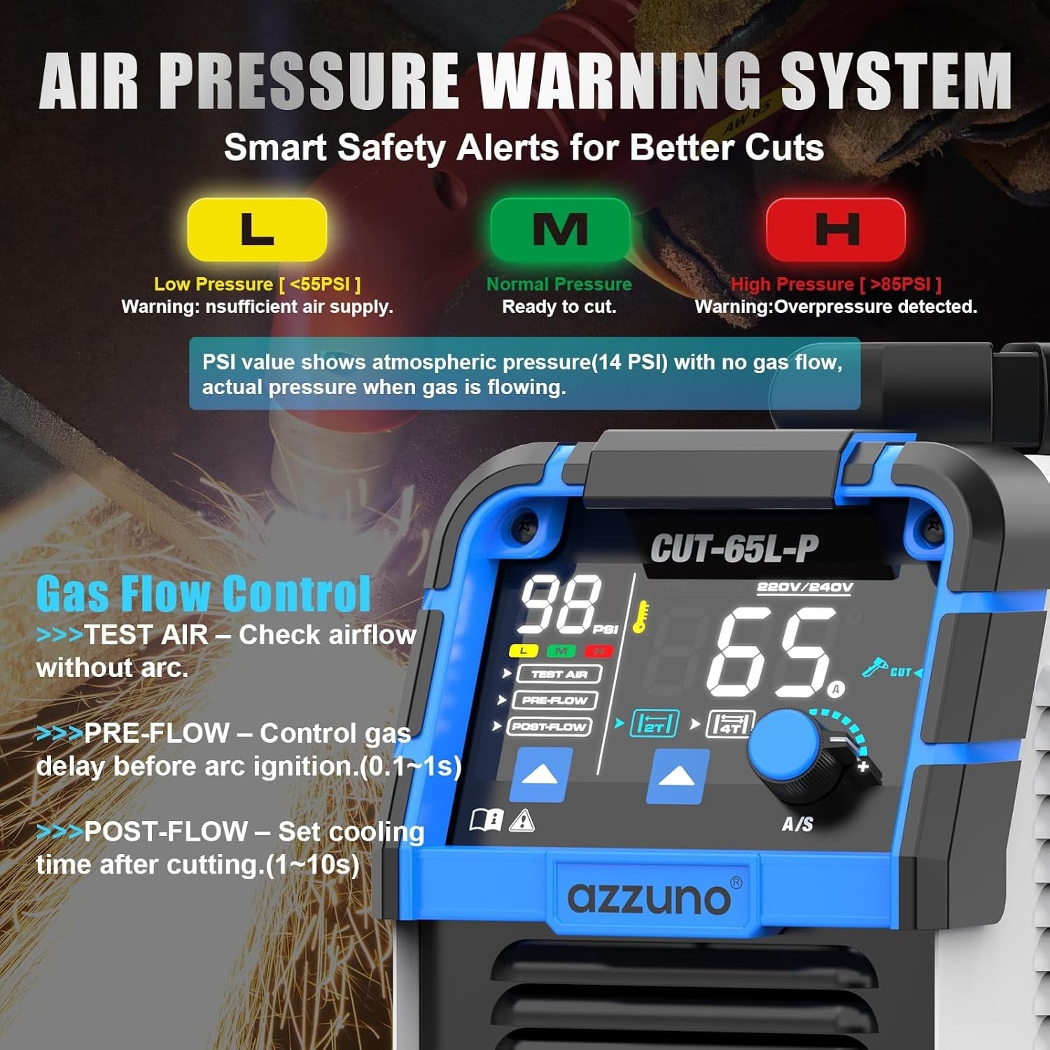 AZZUNO plasma cutter 65A dual voltage air plasma cutting machine for metal cutting