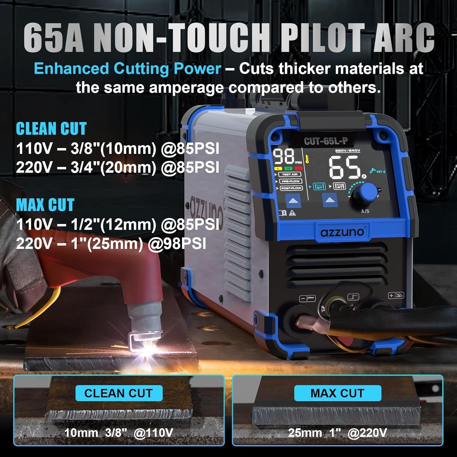 AZZUNO plasma cutter 65A dual voltage air plasma cutting machine for metal cutting