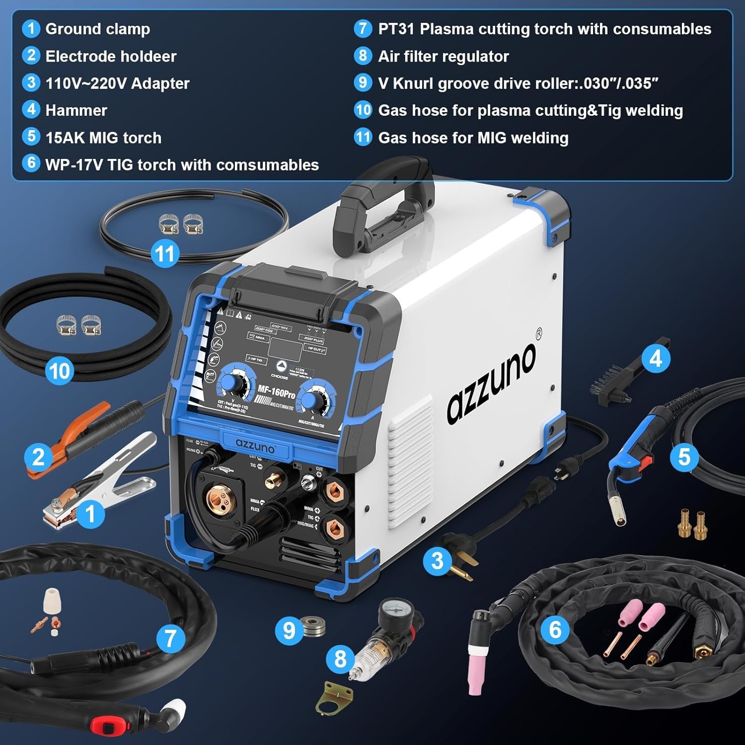 AZZUNO multiprocess welder 5 in 1 welding machine plasma cutter TIG MIG stick welder