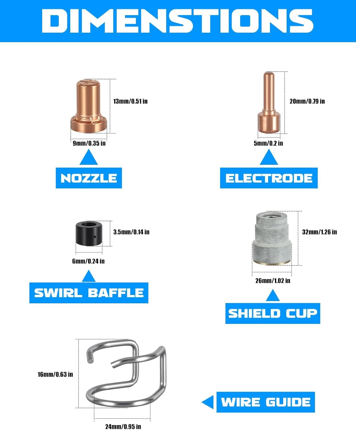 AZZUNO plasma cutter consumables kit electrodes nozzles shield cups