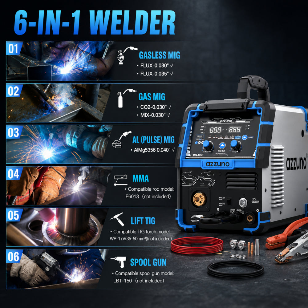 AZZUNO MIG-175F-PRO 175A 6-in-1 Multi-Process Pulse MIG Welder
